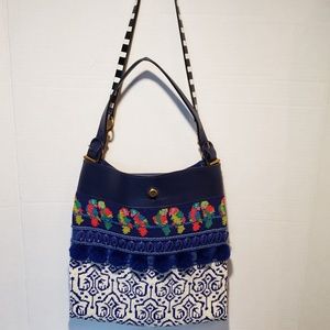 Tory Burch Navy Beaded Trim Parrot Pom Pom Detail